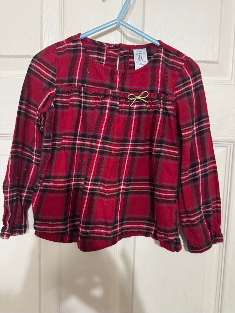 Carter's Red Plaid Long Sleeve Blouse with Gold Bow